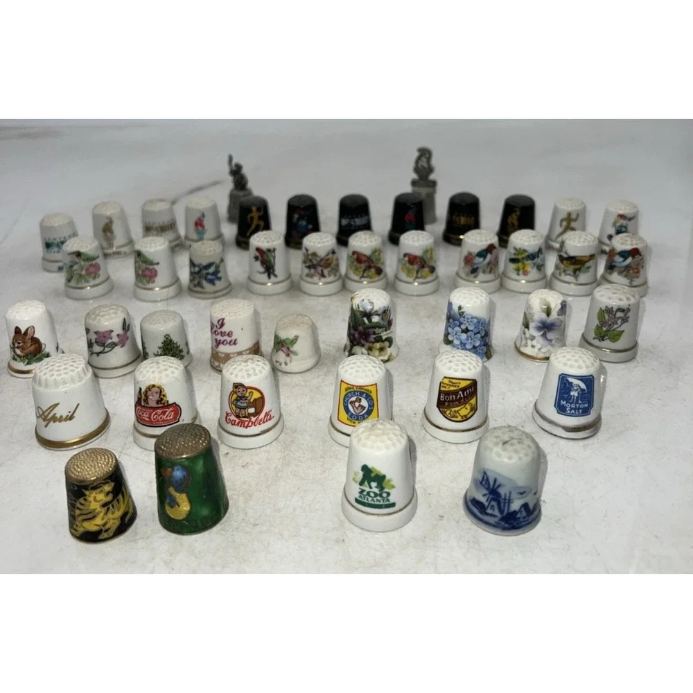 Vtg Thimbles Ceramic Metal, Cloisonné, Olympics, Birds, Advertising Lot of 44